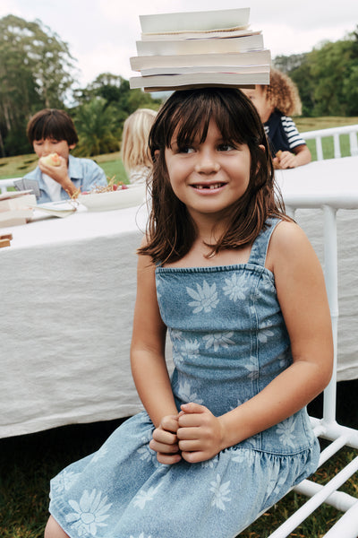 Teen Sleeveless Denim Print Dress