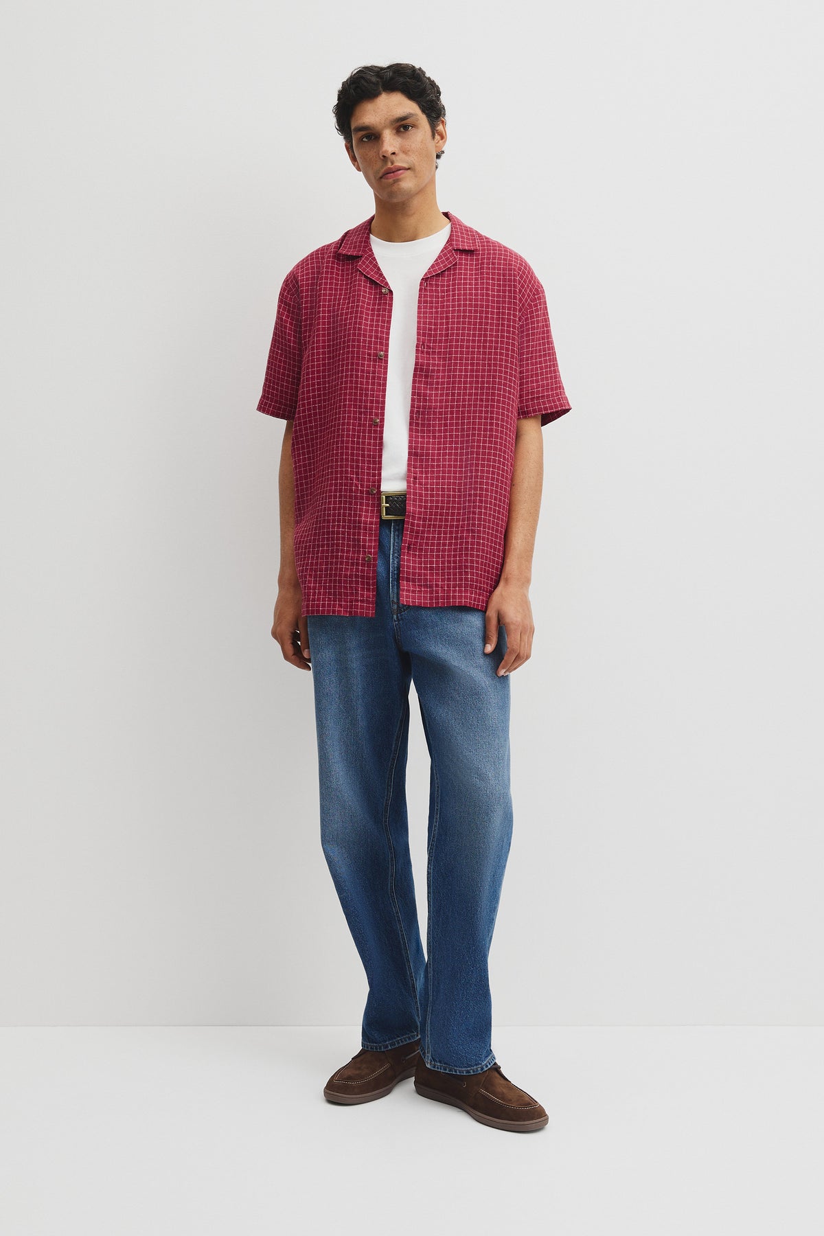 Relaxed Fit Short Sleeve Linen Blend Check Shirt
